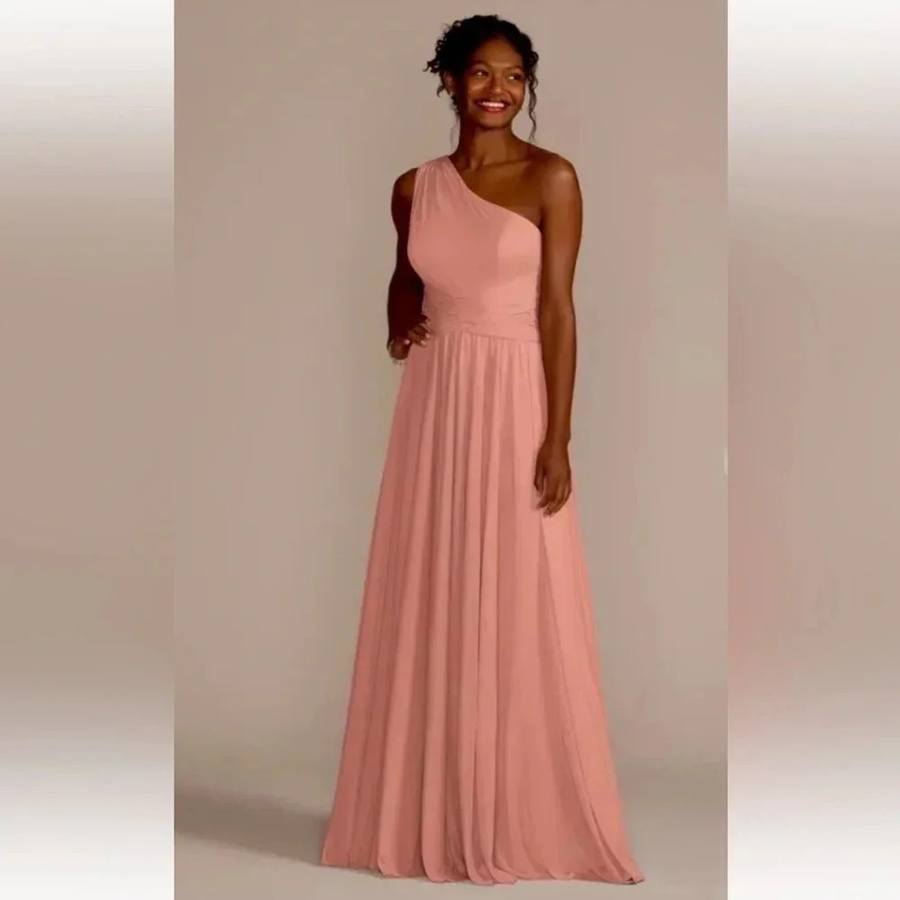 David's Bridal One Shoulder Mesh Bridesmaid Dress Full Skirt Style F19932